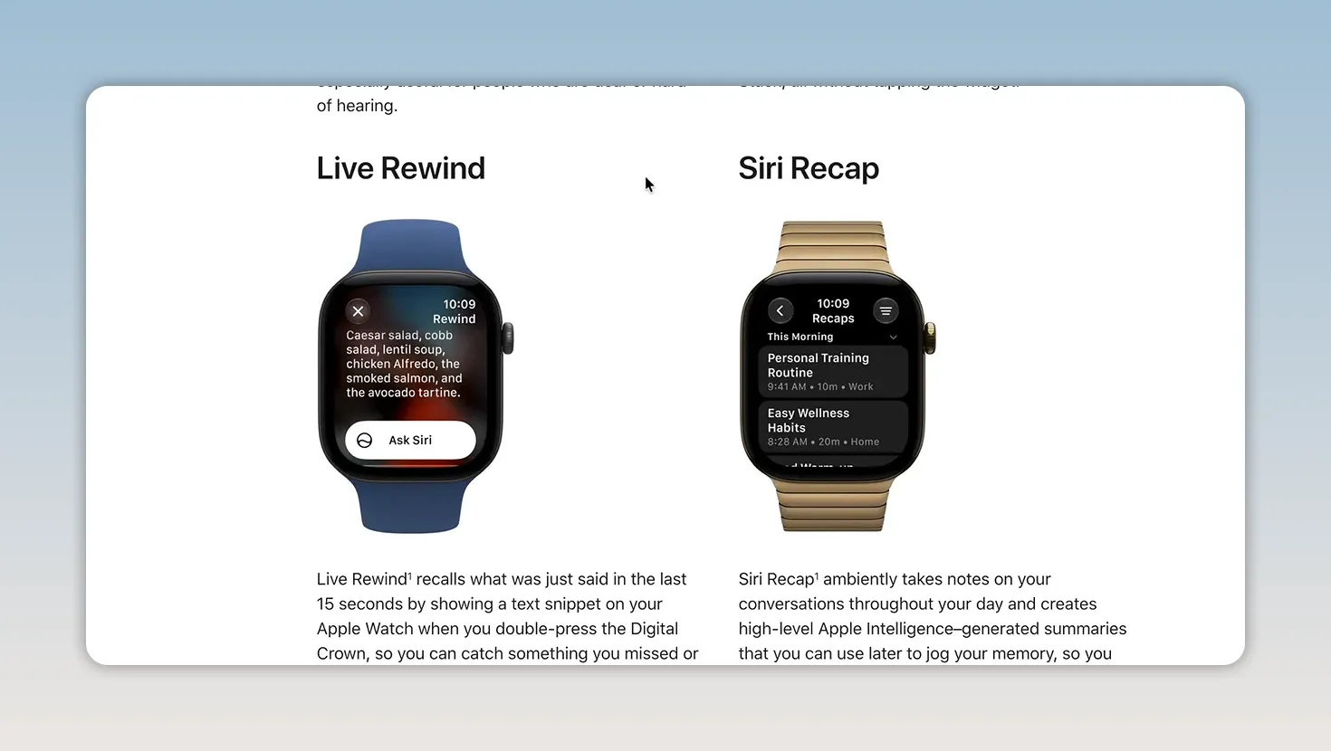 Apple webpage showing Live Rewind and Siri Recap side by side with Apple Watch examples