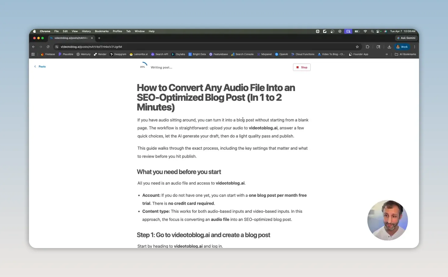 Generated blog article with headline and AI-generated image in the editor
