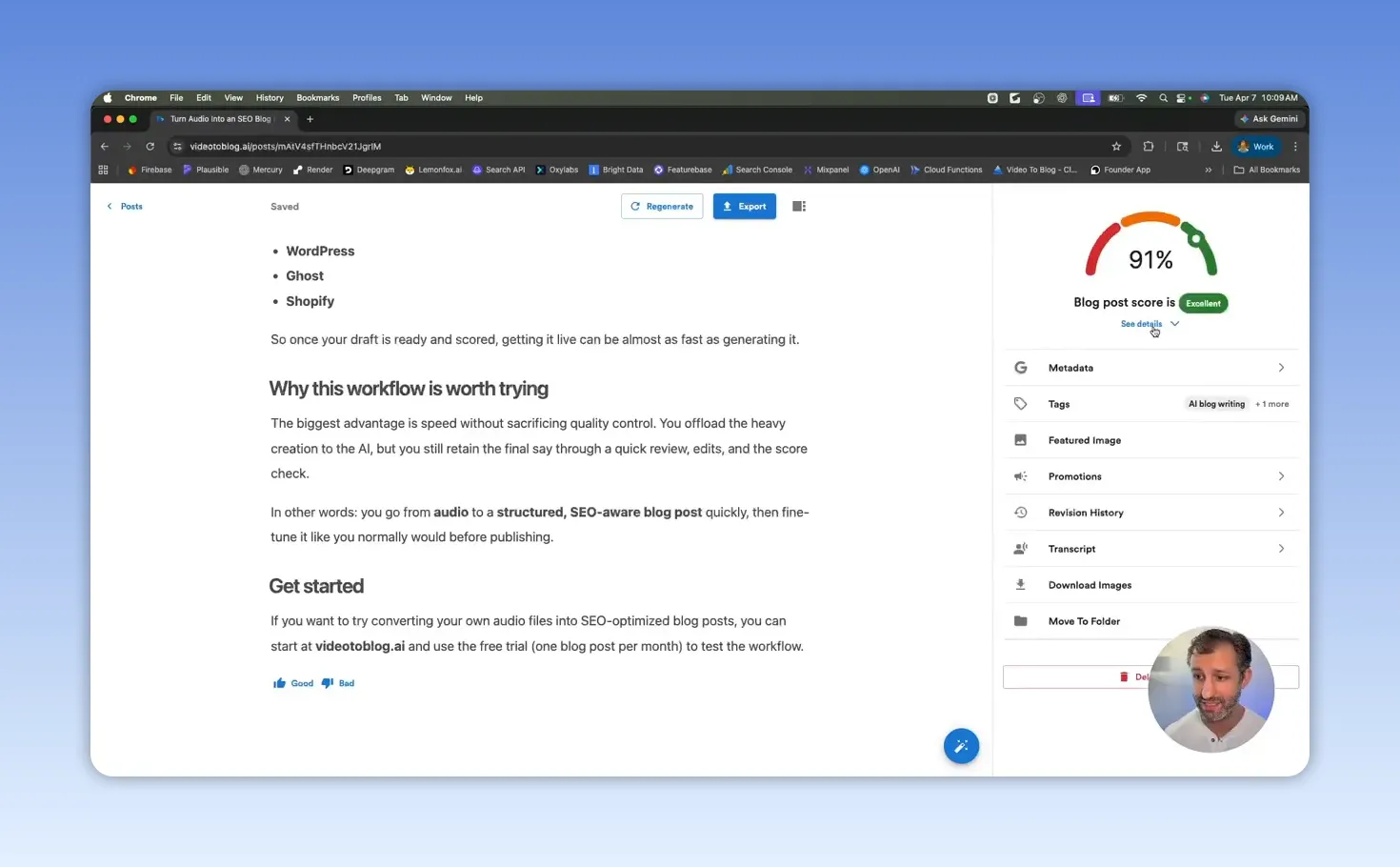 Blog editor with SEO score panel and optimization checks in the right sidebar