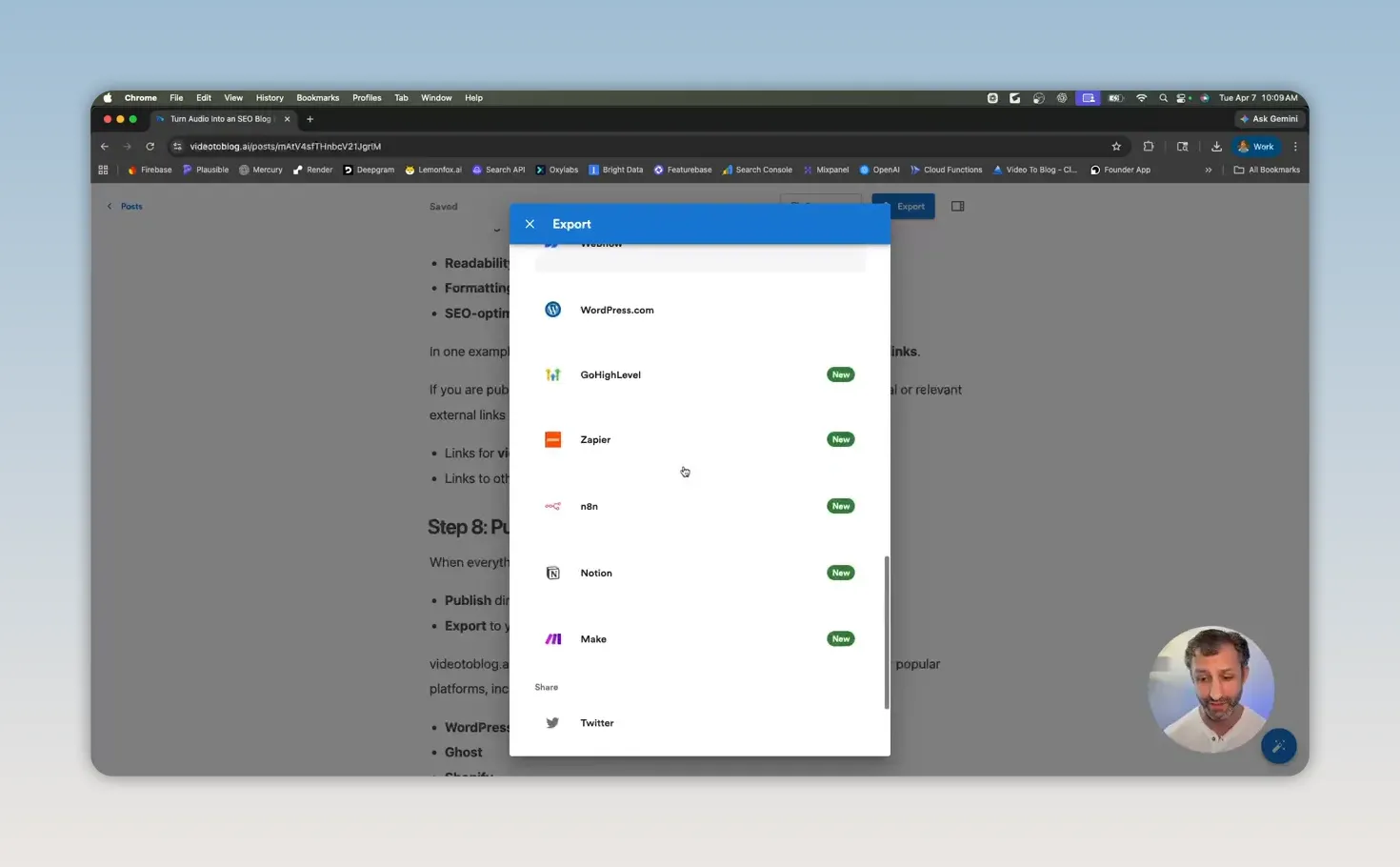 Export menu showing multiple publishing and file export destinations
