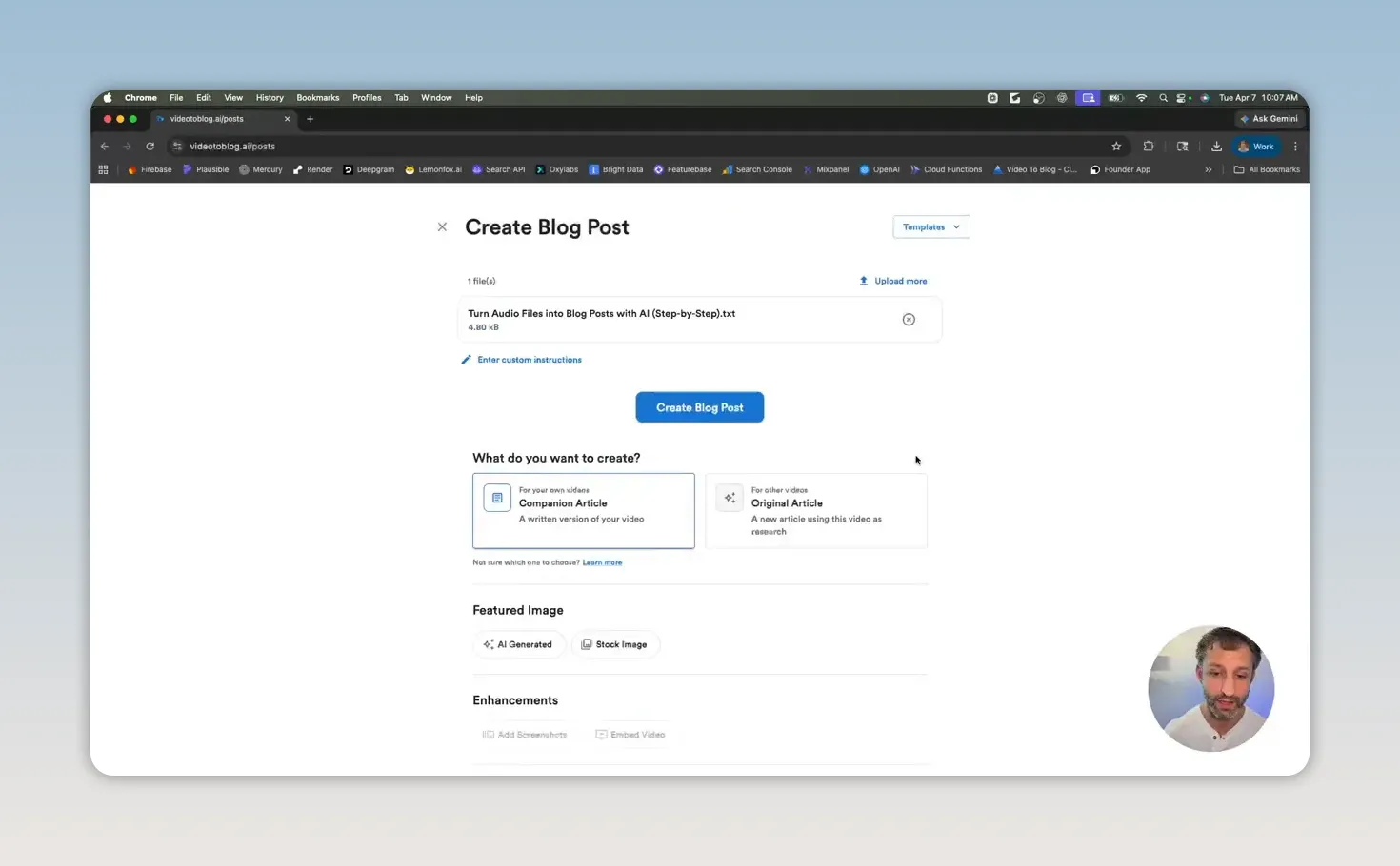 Video To Blog create blog post page with transcript upload and article settings