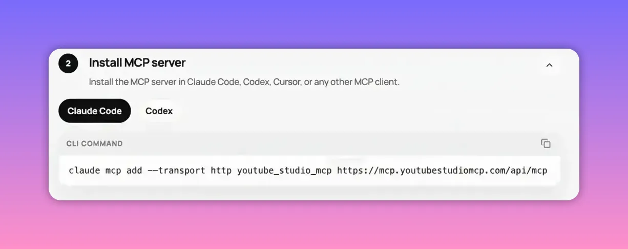 YouTube Studio MCP onboarding page with the CLI install command for the MCP server
