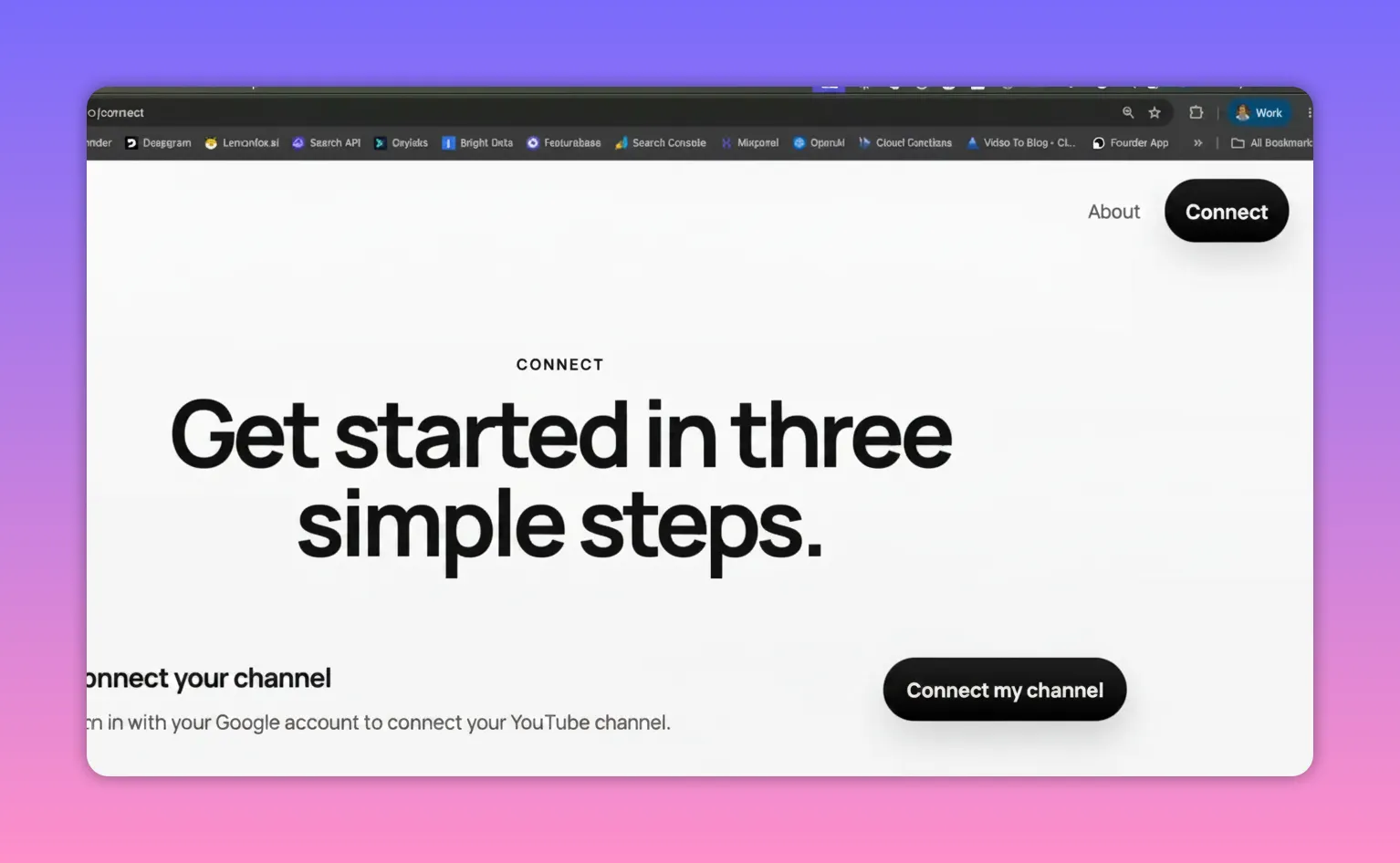 YouTubeStudioMCP.com connect screen showing the Connect button