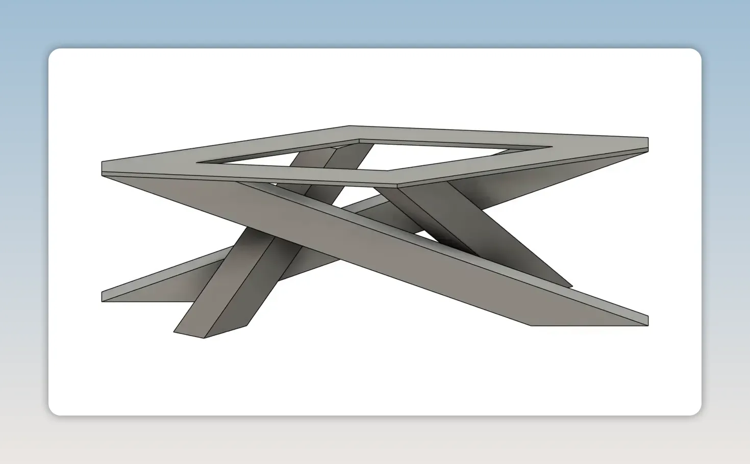Gray computer rendering of a table base with crossed angled legs and an open rectangular mounting frame