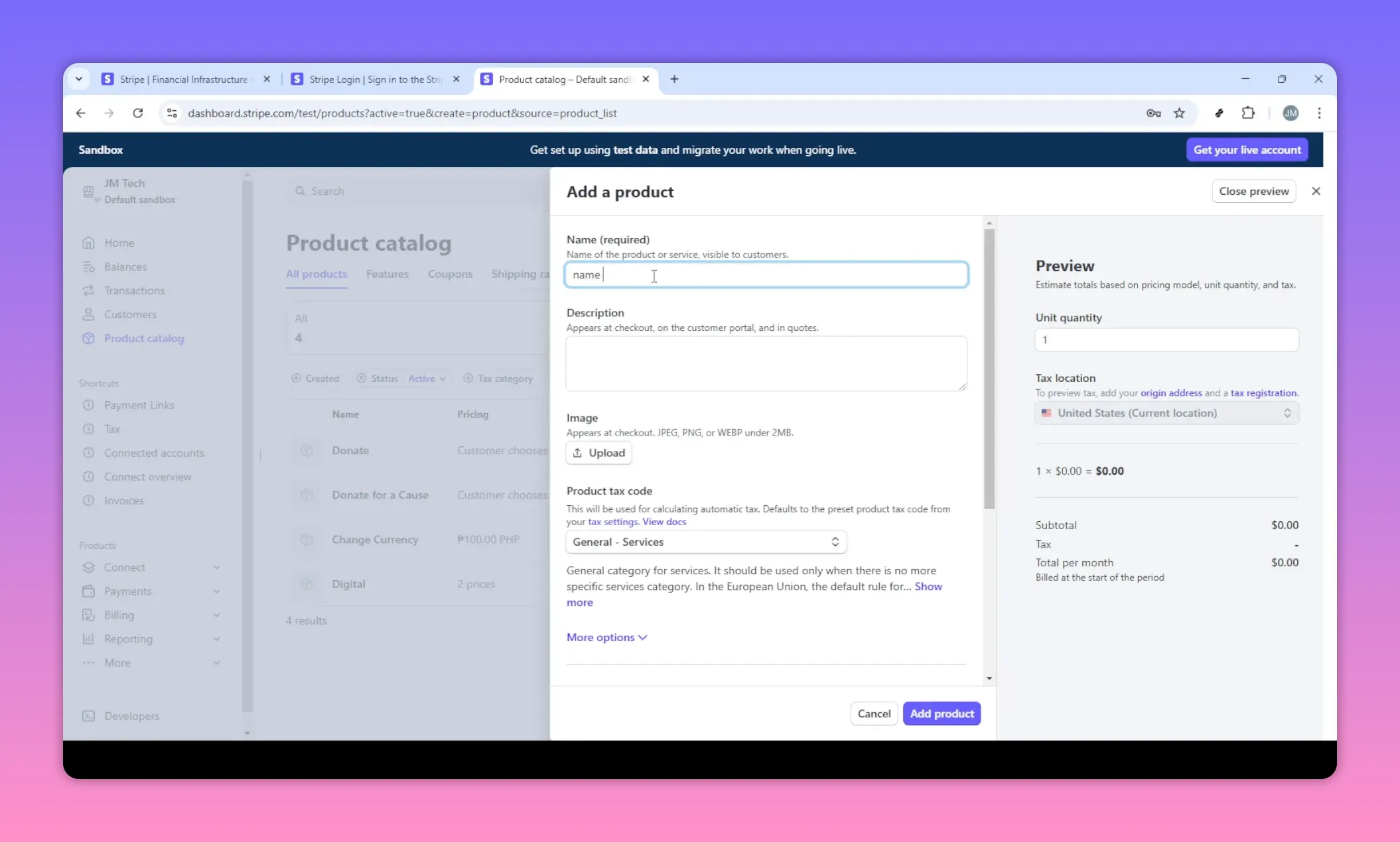 Stripe dashboard product catalog screen with Add a product dialog open and product list in the background