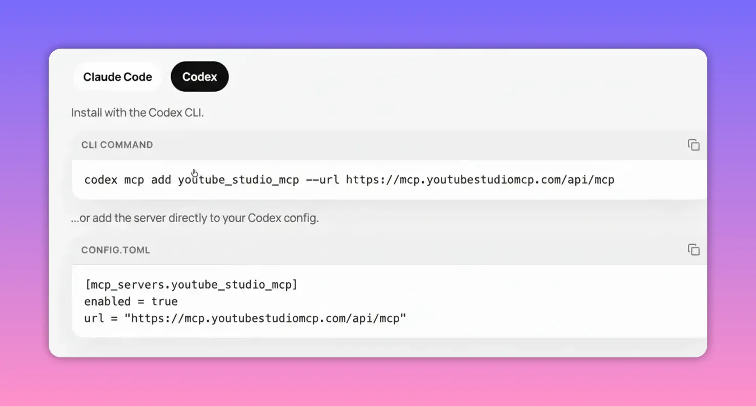 Screenshot of YouTube Studio MCP installation instructions showing Codex CLI command and config.toml URL
