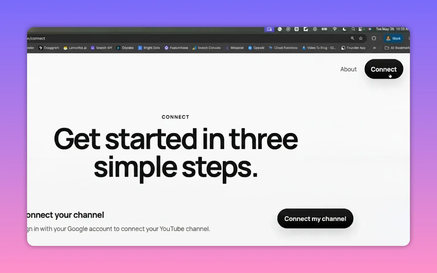 YouTubeStudioMCP.com connect my channel button starting the sign-in flow