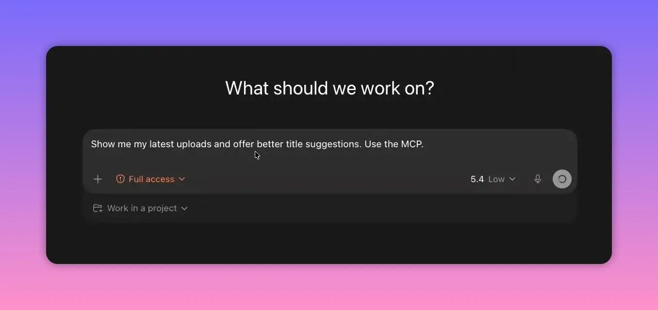 Codex prompt screen showing “What should we work on?” with access settings for MCP usage