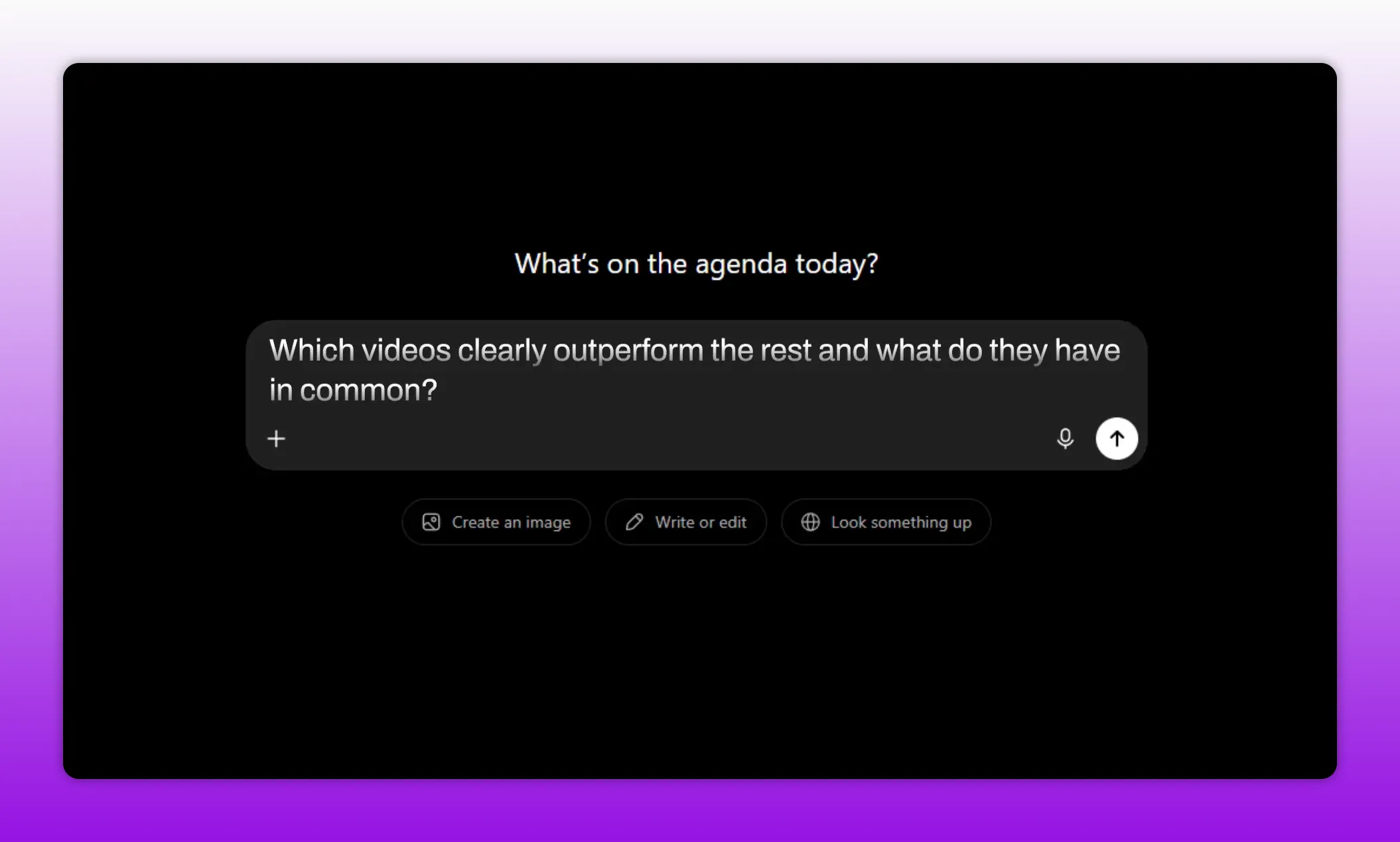 Dark AI chat interface showing the prompt Which videos clearly outperform the rest and what do they have in common
