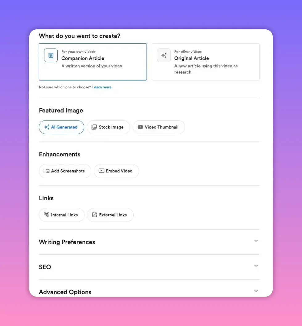 Create Blog Post screen with 'Companion Article' and 'Original Article' choices and featured image settings.