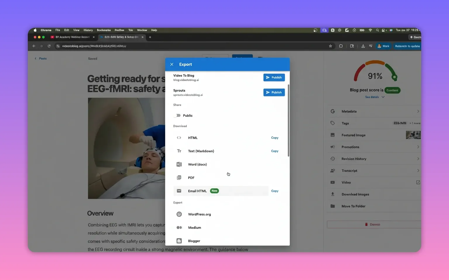 Export modal showing 'Publish' buttons at the top and a list of export targets (WordPress, Medium, etc.) over a webinar blog draft.