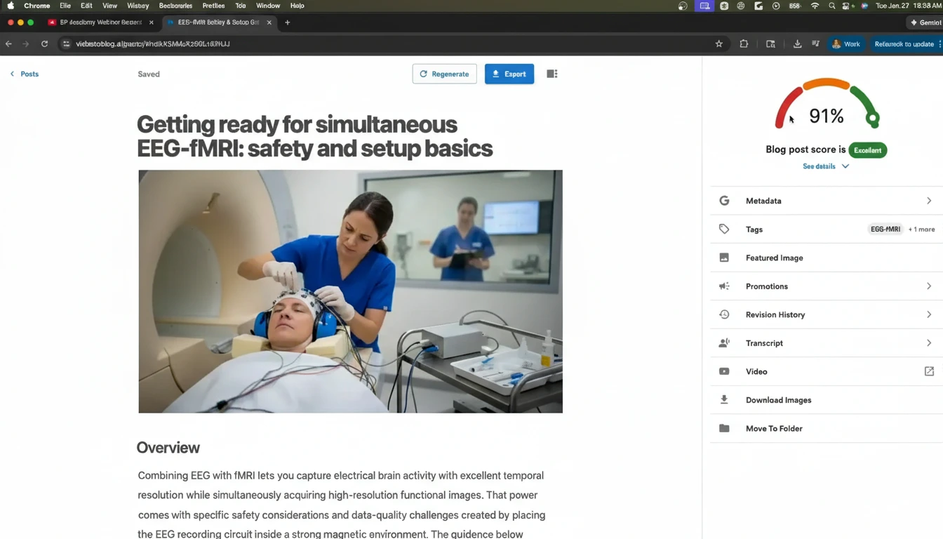 Editor screen showing article content with SEO sidebar and 91% optimization score