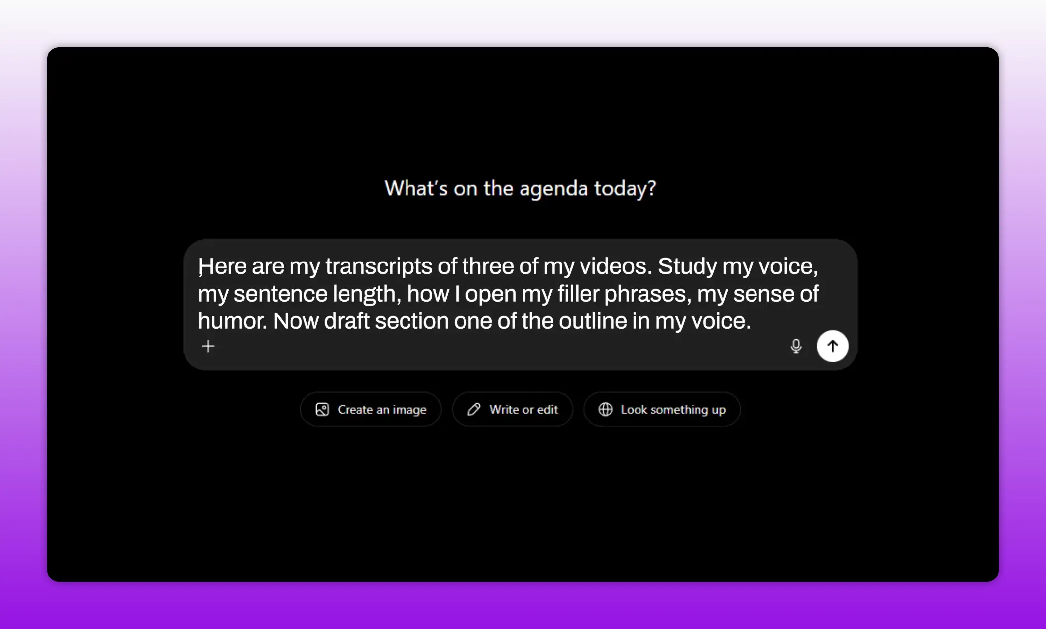 Chat interface with a prompt asking AI to study transcripts for voice sentence length openings filler phrases and humor before drafting one outline section
