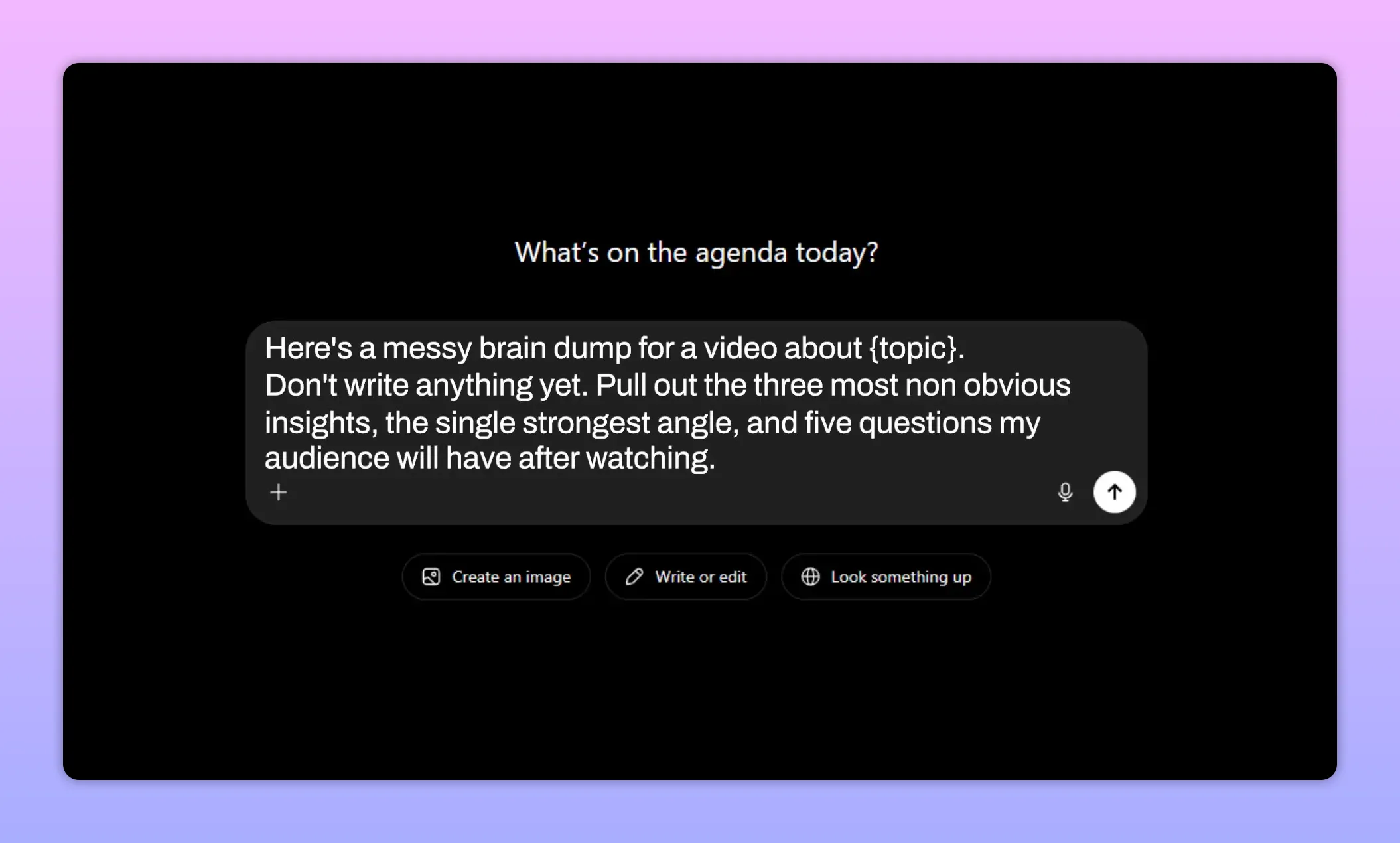 Chat interface with a long prompt asking to analyze a messy brain dump for insights angle and audience questions