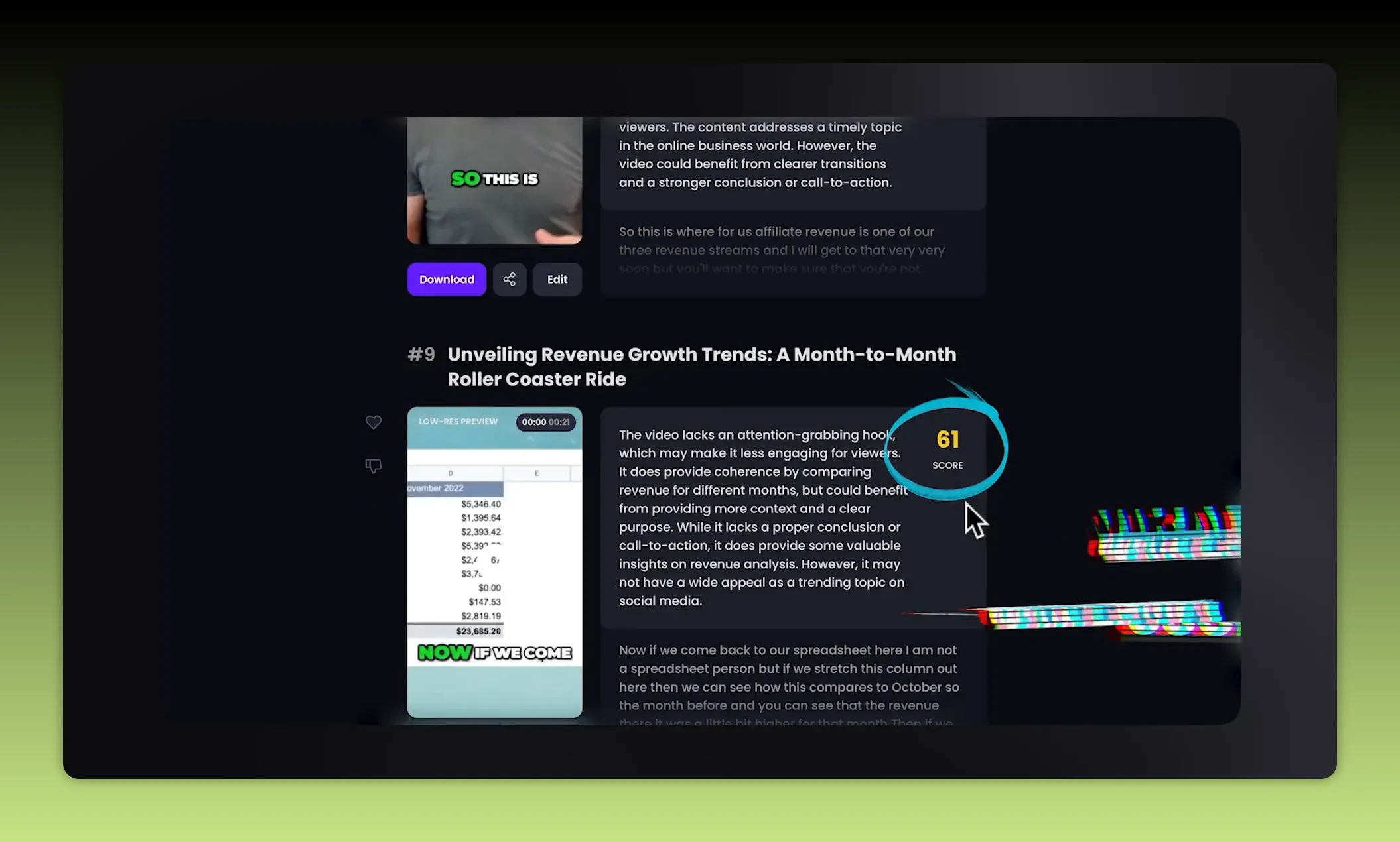Opus Clip results page showing ranked short clips with a visible virality score graphic