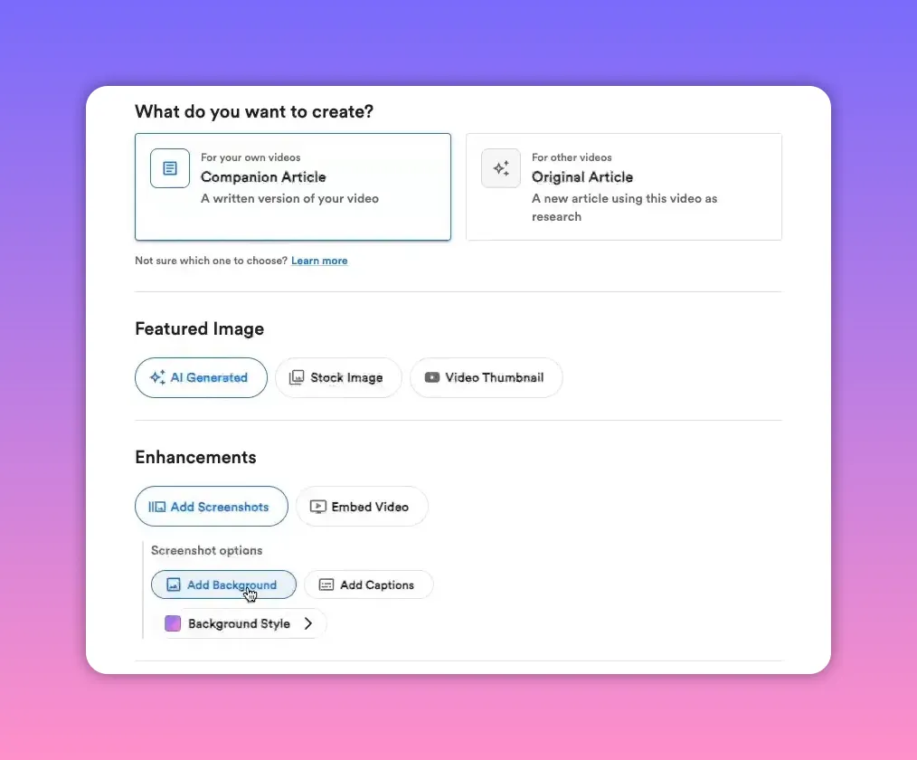Automations settings showing Featured Image options, Add Screenshots and Embed Video enhancements and screenshot options