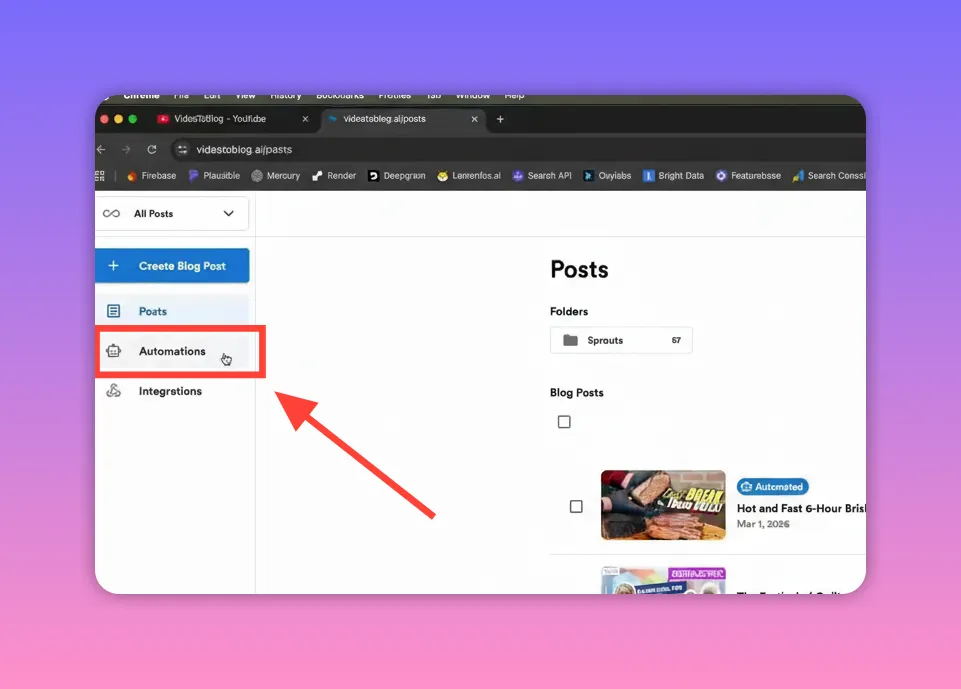 Video To Blog dashboard showing a list of posts and the left-hand menu with Automations