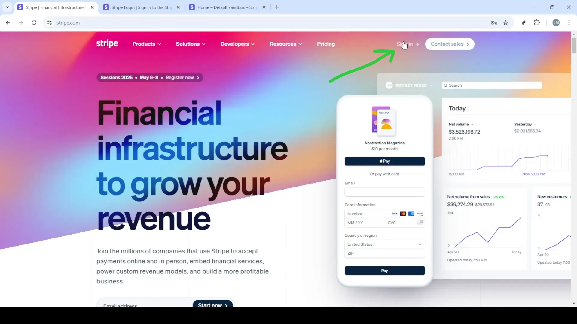Stripe homepage hero with large headline and the Sign in button visible in the top-right corner of the page.
