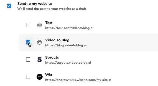 Automations screen showing 'Send to my website' list with 'Video To Blog' site selected and checkbox checked