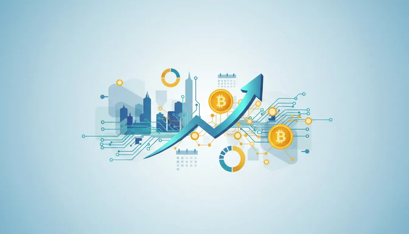 Abstrakte Illustration mit aufsteigenden Tech-Chartlinien, Blockchain/Bitcoin-Symbolik und einem hoffnungsvollen Wachstumspfad—ohne Text.