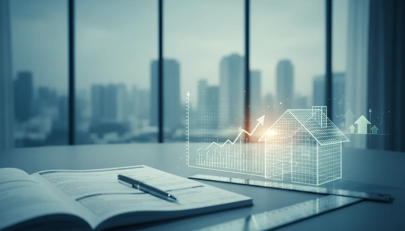 Abstrakte Darstellung von Immobilien-Abschreibung und Steuerersparnis: Diagramm-Linien und Immobilien-Silhouette neben einem Notizbuch ohne Text