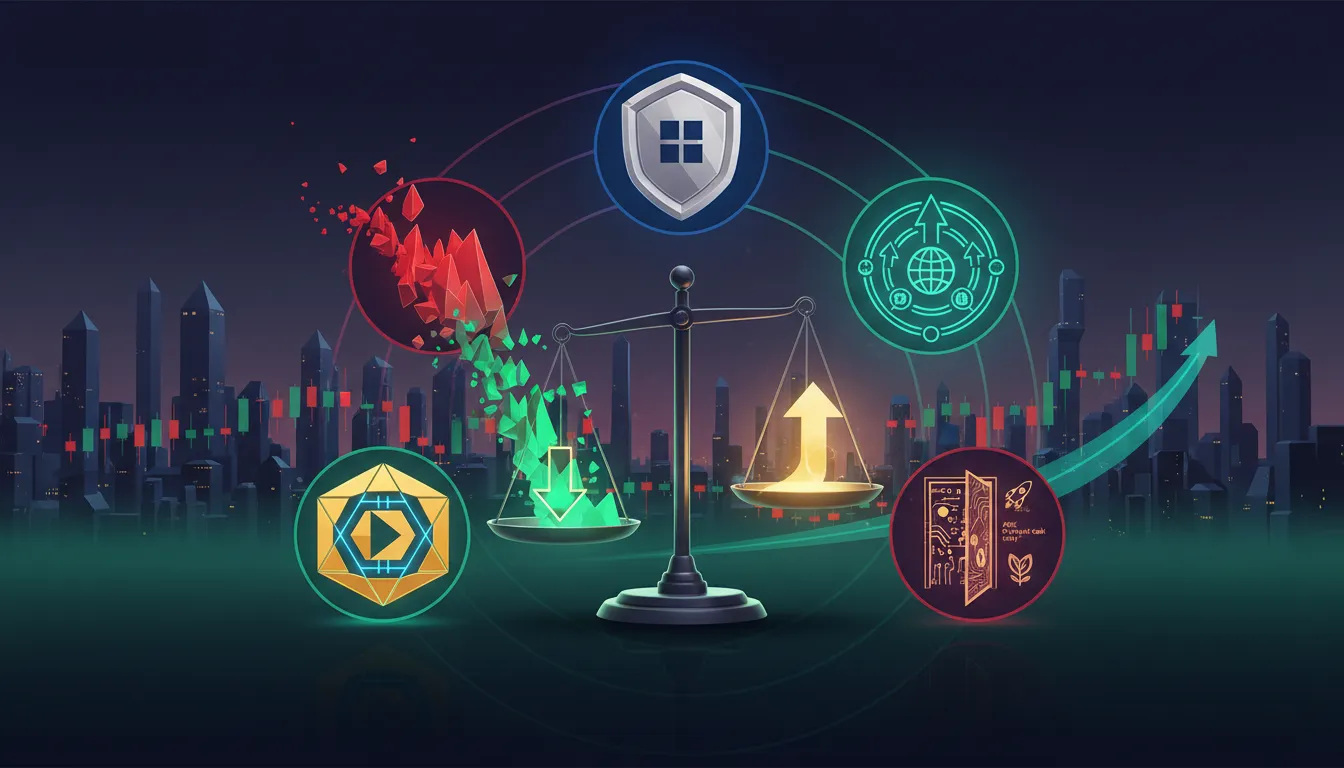 Illustration ohne Text, die die Logik „in Markt-Schwäche gezielt nachkaufen“ zeigt: Balance von Risiko und Chance mit vier symbolischen Investitions-Ideen und einer contrarian Licht-wende Richtung Wachstum.