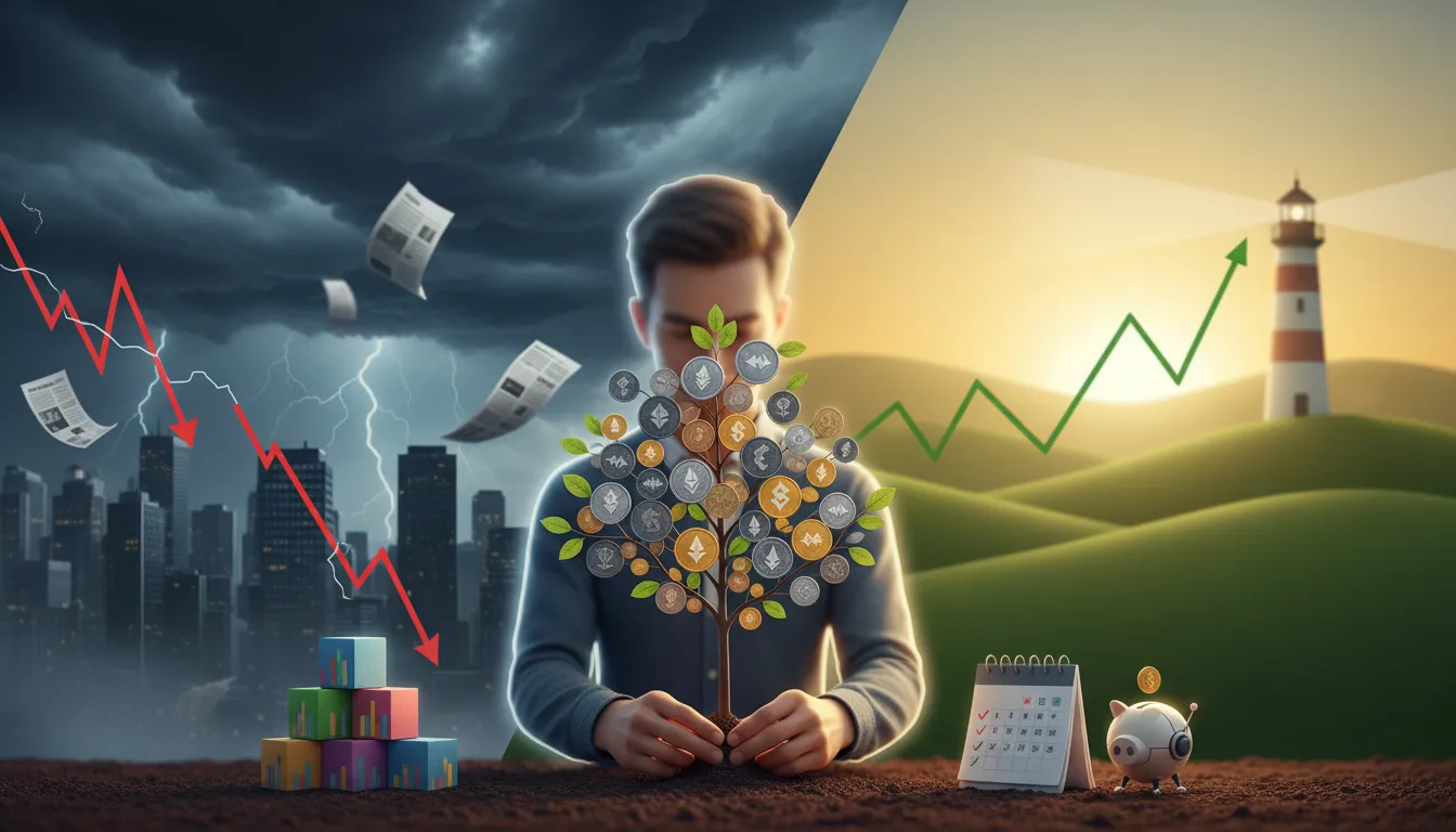 Ruhiger Anleger pflanzt einen Münzbaum zwischen stürmischer Szene mit fallenden Krypto- und Aktiencharts links und sonniger, langfristig wachsender Landschaft rechts