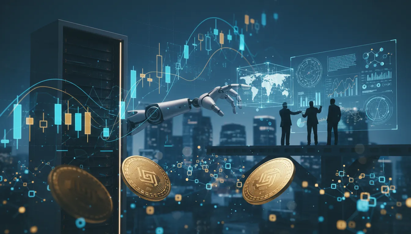 Futuristische Finanzlandschaft mit Aktiencharts, Kryptowährungs‑Münzen, Cloud‑Servern und Robotik in Blau und Gold