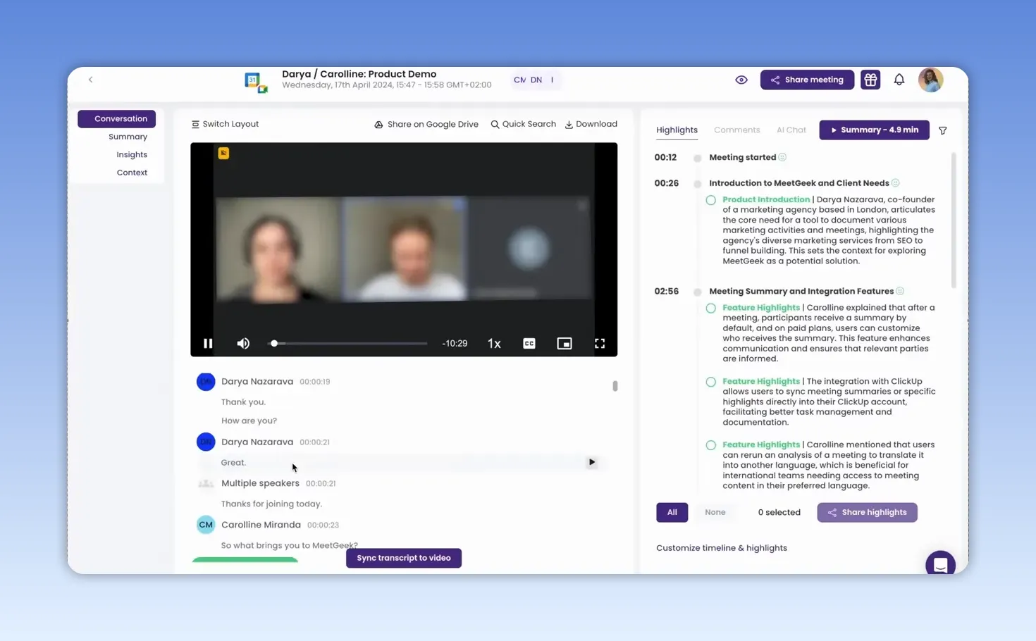 Giao diện MeetGeek hiển thị bản ghi cuộc họp, phần tóm tắt và nội dung trao đổi