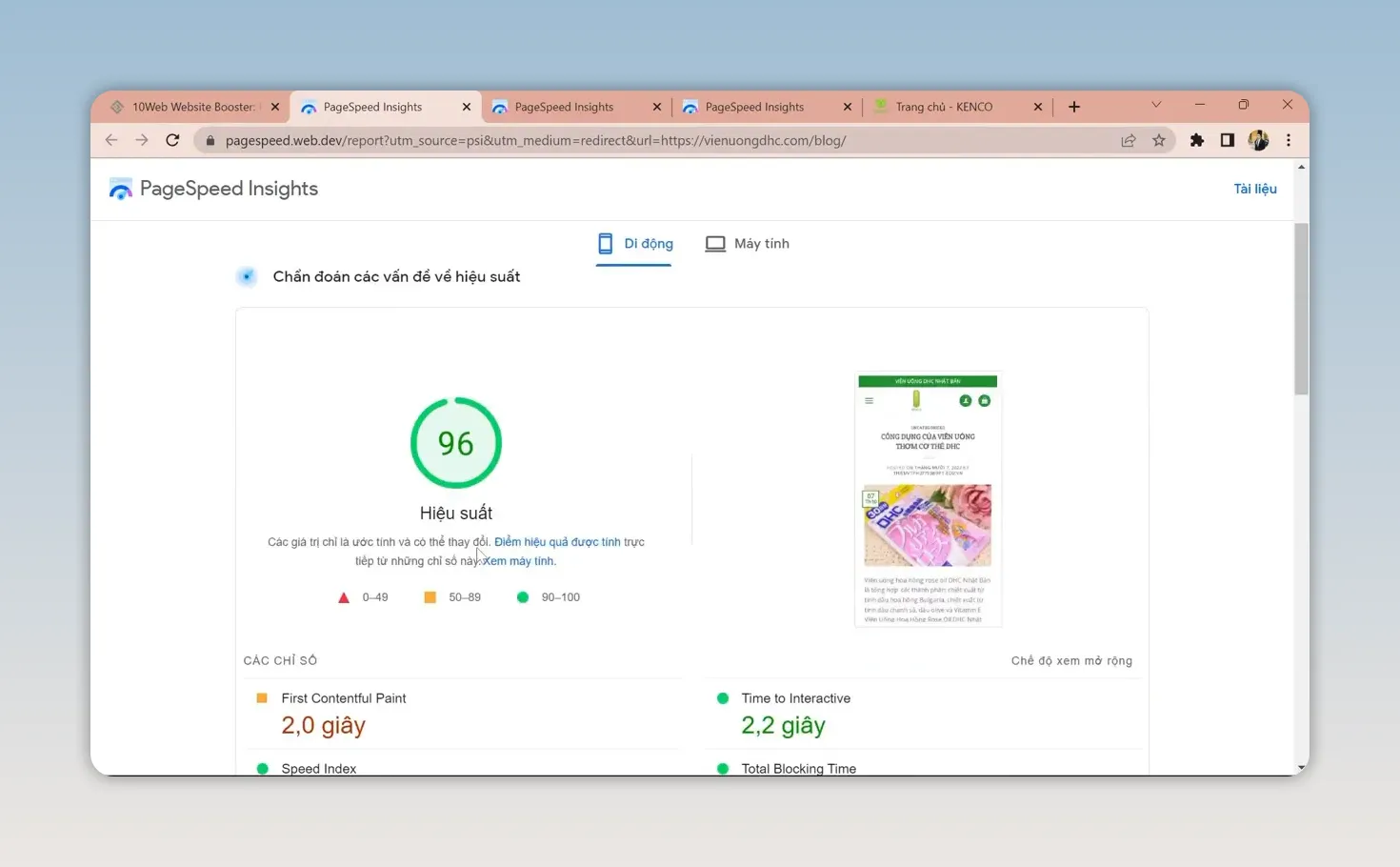 PageSpeed Insights hiển thị điểm hiệu suất di động 96 màu xanh