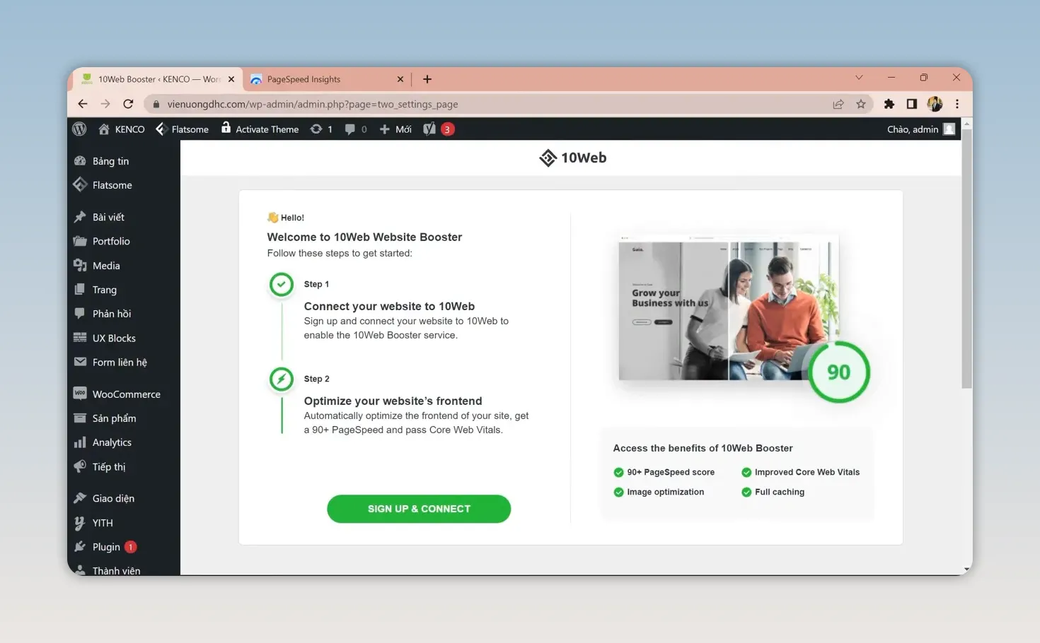 Trang plugin 10Web Booster trong quản trị WordPress với nút đăng ký và kết nối