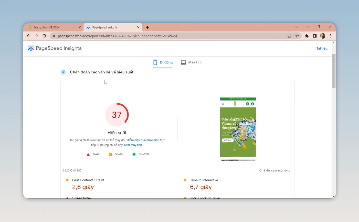 PageSpeed Insights hiển thị điểm hiệu suất di động 37 màu đỏ