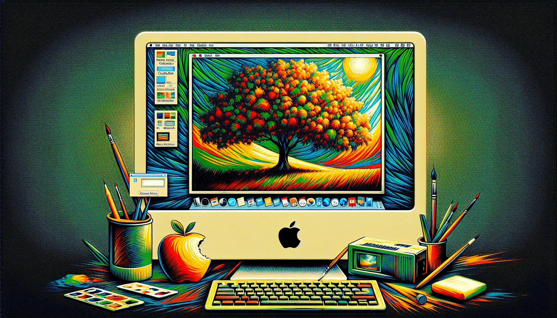 Digital illustration of retro-inspired macOS Sequoia desktop