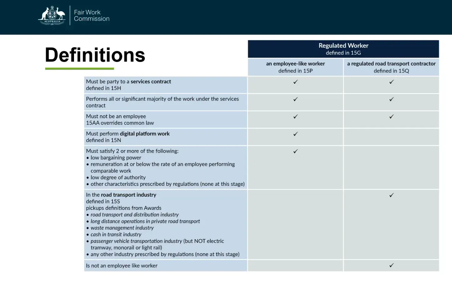 Slide summarizing elements defining employee-like workers and regulated road transport contractors