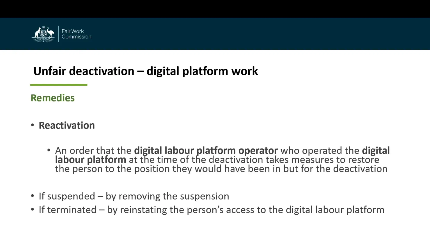 Fair Work Commission ordering reactivation for unfair deactivation