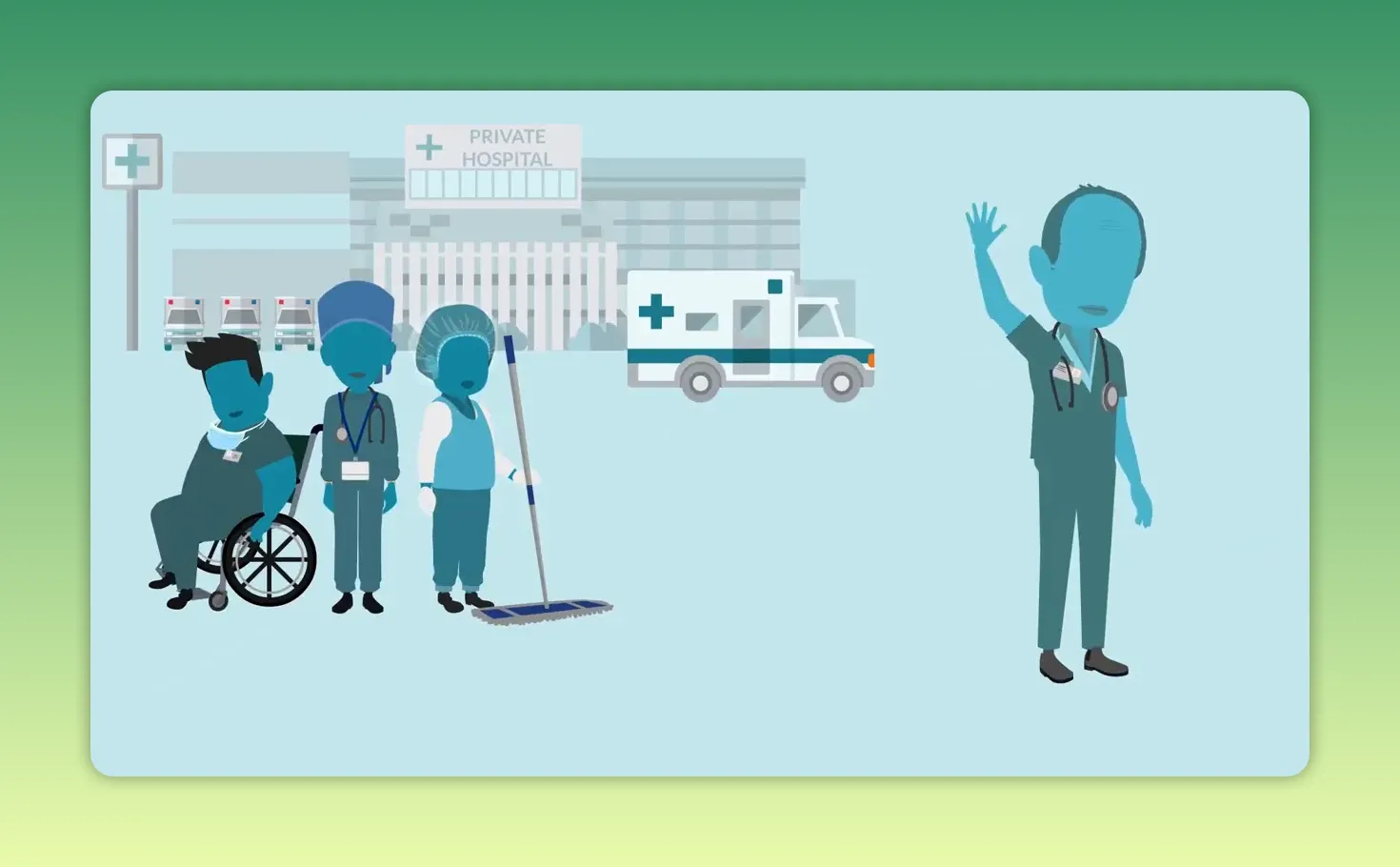 Illustration of hospital scene with ambulance and a group of staff including a doctor, nurse, cleaner and a person in a wheelchair.