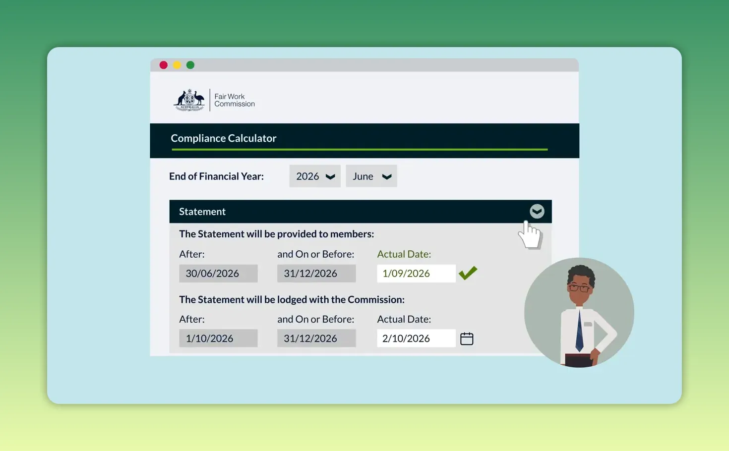 Fair Work Commission compliance calculator example: statement provided to members and lodgement timeline