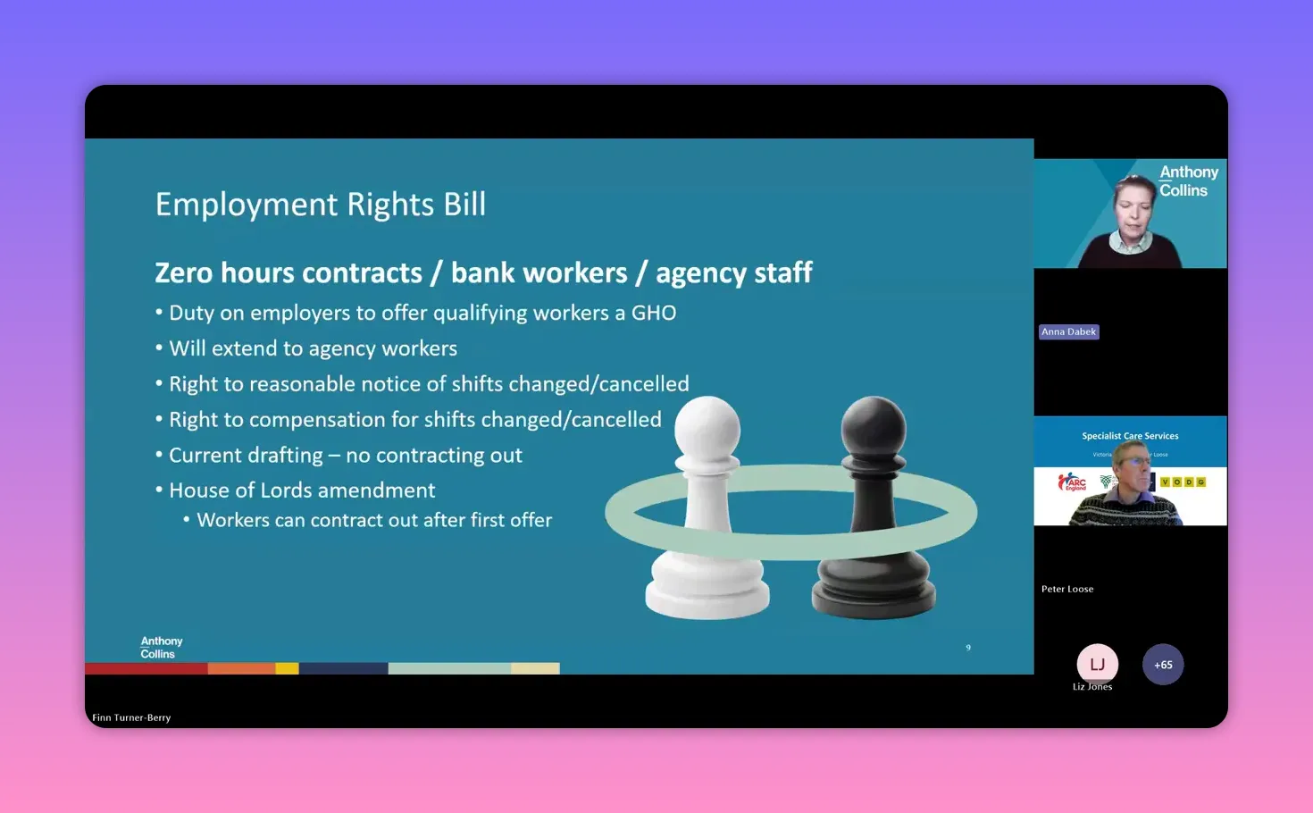 Presentation slide titled 'Employment Rights Bill' with bullet points on 'Zero hours contracts / bank workers / agency staff' describing duty to offer a guaranteed-hours offer and compensation for cancelled shifts, shown next to meeting participant thumbnails.