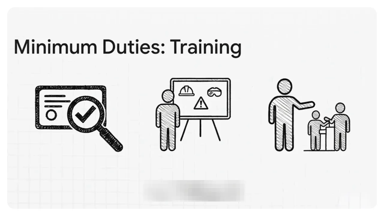Slide titled 'Minimum Duties: Training' showing three icons: certificate check, a training presentation and supervision.