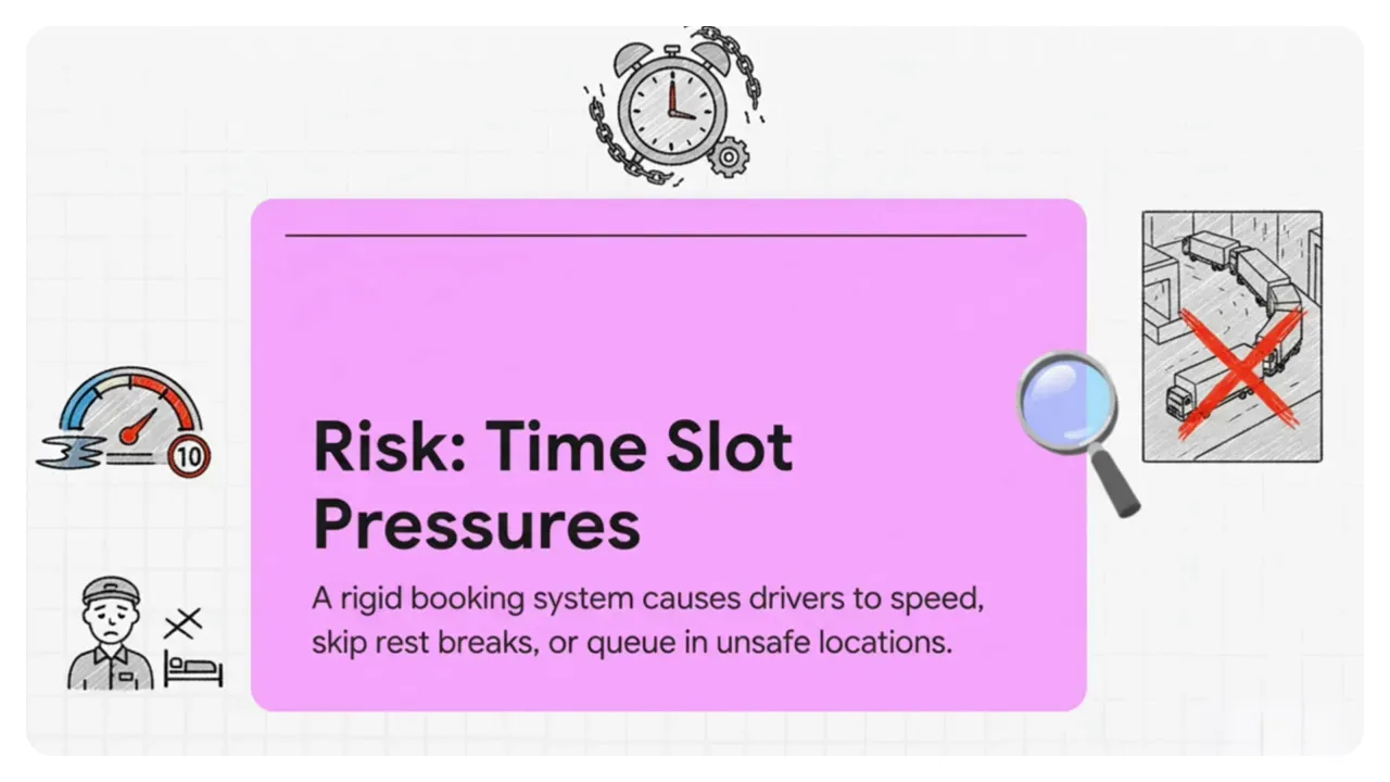 Clean presentation slide titled 'Risk: Time Slot Pressures' with speedometer, tired-driver icon and a magnifying glass graphic; explanatory subtext about rigid booking systems.