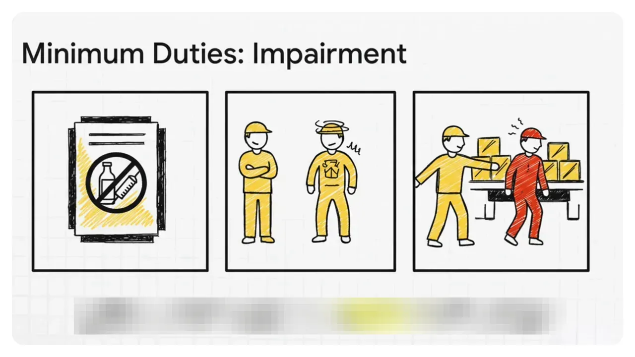 Slide titled 'Minimum Duties: Impairment' showing three panels: a no-substances poster, an impaired worker icon, and a removal/escorting illustration.