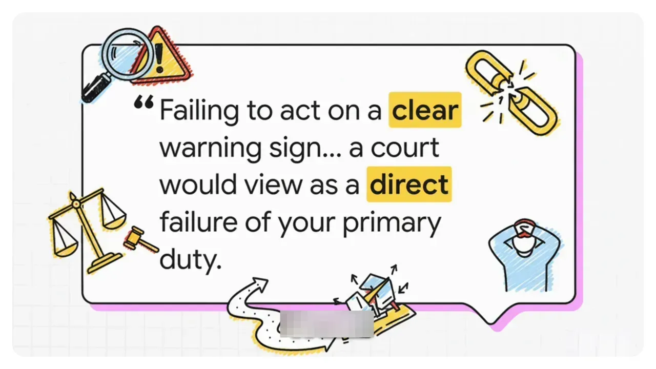 Clean slide showing the quote 'Failing to act on a clear warning sign... a court would view as a direct failure of your primary duty' with minimal overlay