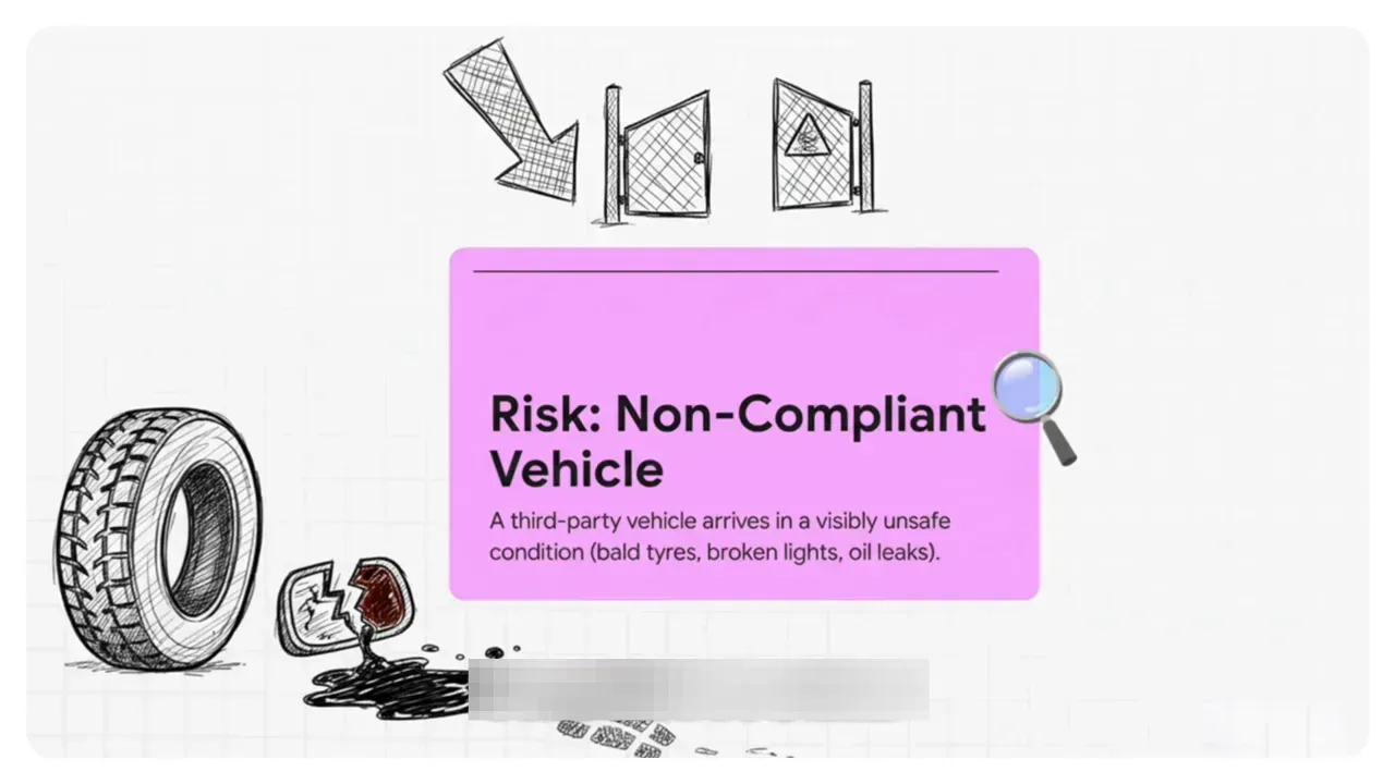 Slide labeled 'Risk: Non-Compliant Vehicle' listing bald tyres, broken lights and oil leaks.