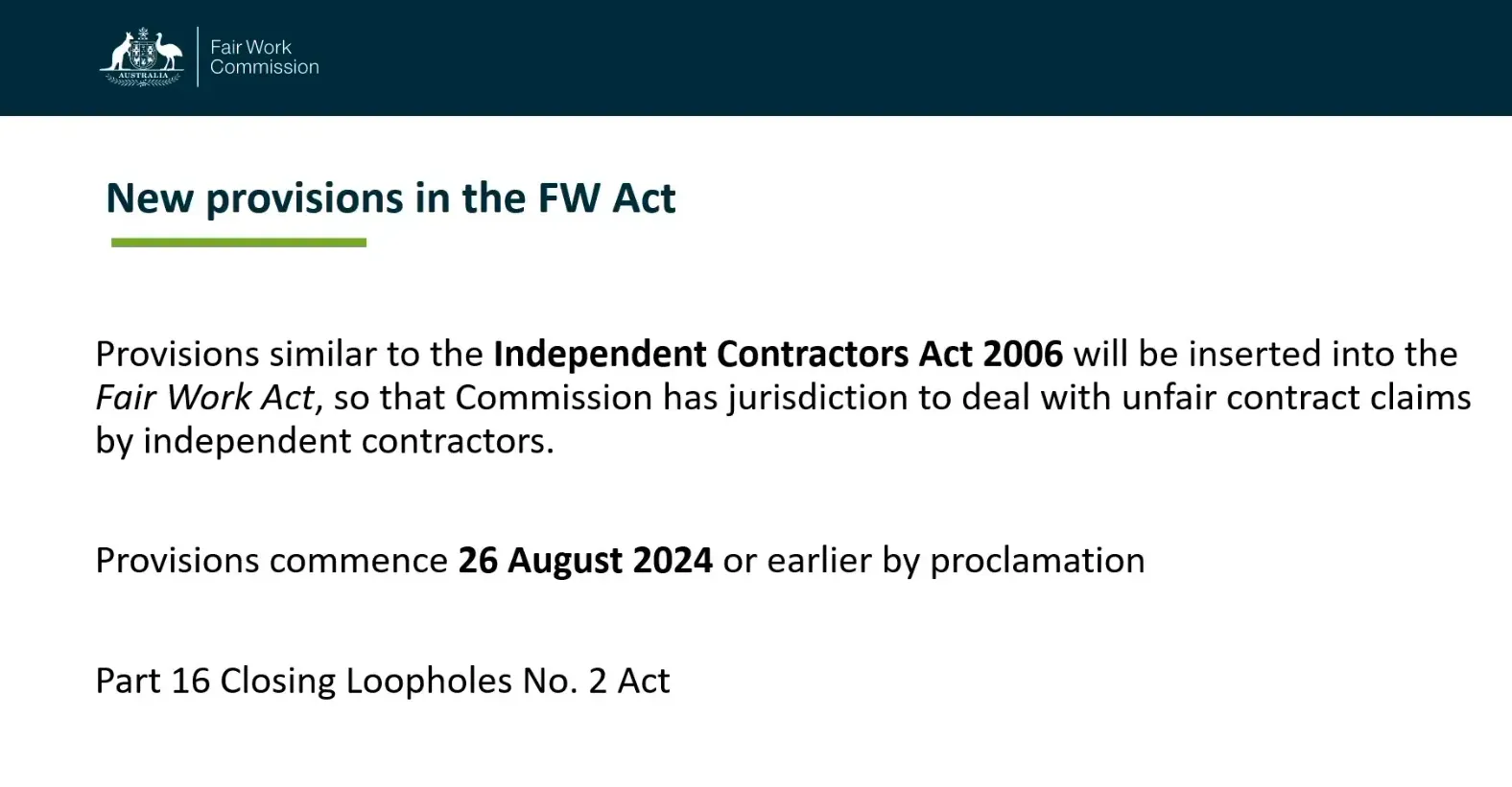 Slide outlining unfair contracts jurisdiction under the Fair Work Act