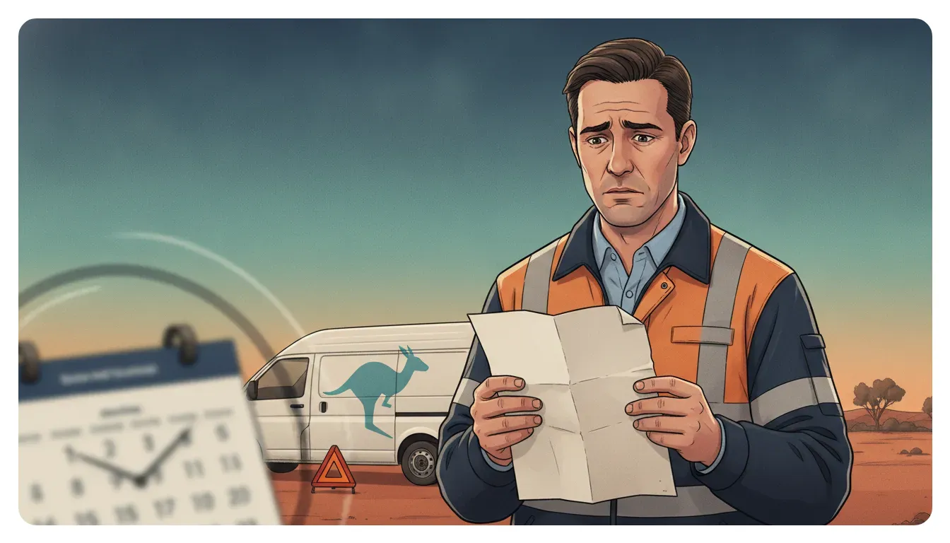 Illustration showing a concerned worker with a delivery vehicle and safety cues, representing regulated transport job loss and urgent next steps in Australia