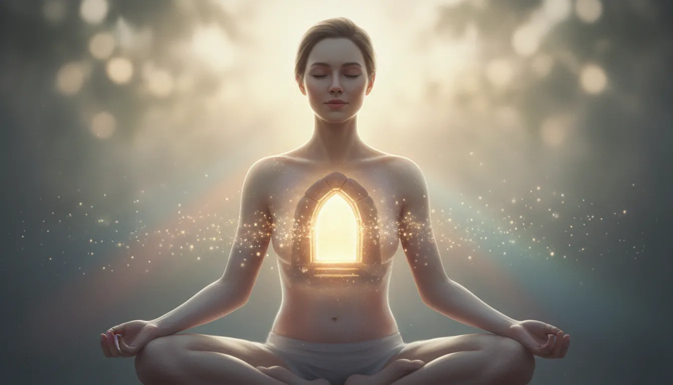 Persona meditando con un pequeo santuario luminoso dentro del pecho luz dorada y ambiente sereno