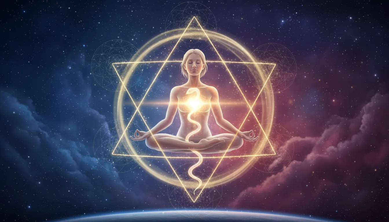 Figura meditativa rodeada por una Merkaba dorada rotante y una columna kundalini luminosa ascendiendo hacia un corazn brillante fondo csmico con tonos azul a la izquierda y naranja a la derecha patrones de geometra sagrada y partculas de energa
