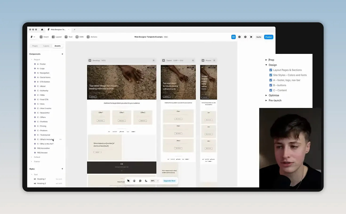 Giao diện Framer hiển thị cùng lúc bản xem trước website trên máy tính, máy tính bảng và điện thoại