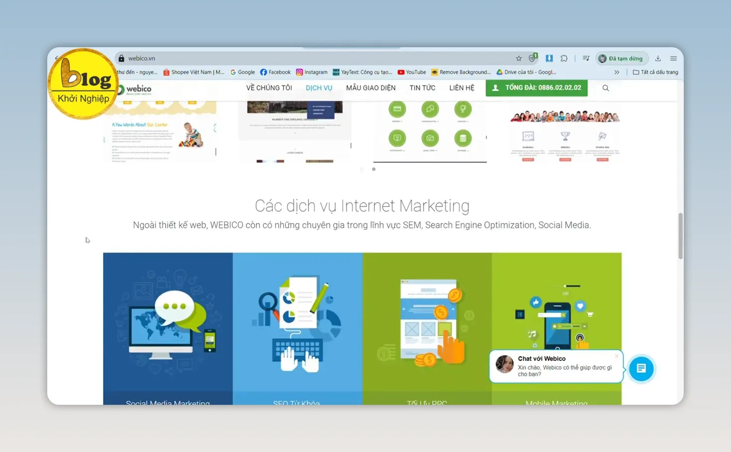 Trang dịch vụ marketing trực tuyến của Webico với các khối minh họa màu sắc