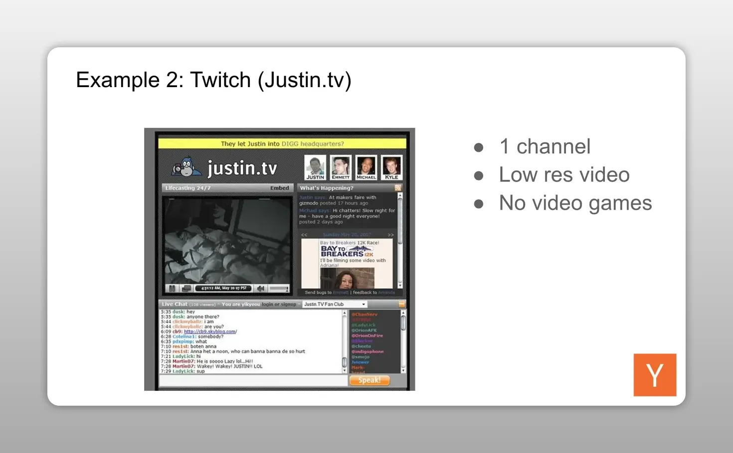 Slide hiển thị giao diện Justin.tv ban đầu và ba giới hạn chính